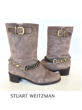 STUART WEITZMAN Citylink Taupe Suede Metal Link Chain Moto Biker Boots Sz 7.5 W
